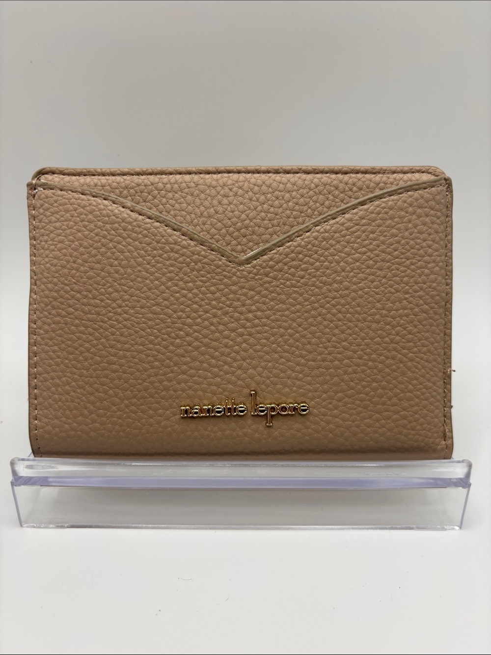 Nanette Lepore Beige Pebble Leather Card Wallet with Gold Logo